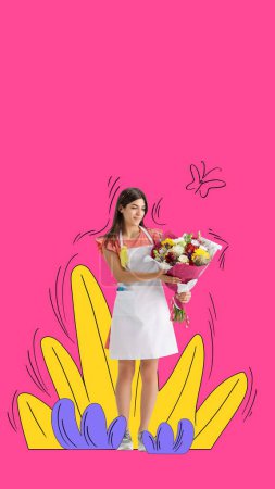 Photo for Young pretty woman with flowers working as florist. Profession and occupation. Contemporary art collage. Concept of womens equality day, feminism, social issues, gender, acceptance. Banner, flyer, ad - Royalty Free Image