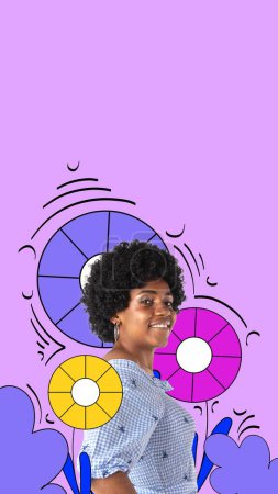Photo for Cheerful, smiling, african woman over purple background. Race equality. Contemporary art collage. Concept of womens equality day, feminism, social issues, gender and acceptance. Banner, flyer, ad - Royalty Free Image