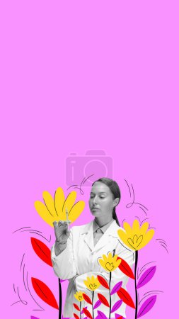 Photo for Wom working as doctor, standing with syringe. Gender equality in profession choice. Contemporary art collage. Concept of womens equality day, feminism, social issues, acceptance. Banner, flyer, ad - Royalty Free Image