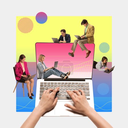 Photo for Group of employee working remotely on laptop, creating business projects. Online team. Contemporary art collage. Concept of business, office, technology, gadget, innovation, internet, success, ad - Royalty Free Image