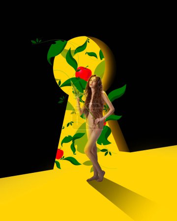 Photo for Temptation. Naked tender girl near keyhole with apple and bright lights. Following passion. Contemporary art collage. Concept of surrealism, psychology, inner world, imagination, diversity. Ad - Royalty Free Image