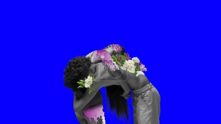 Photo for Pain and love. Suffer and recovery. Young people, man and woman, hugging, support. Contemporary art collage. Concept of surrealism, psychology, inner world and imagination, diversity. Ad - Royalty Free Image