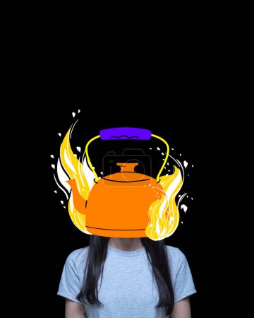 Photo for Burning mind. Young girl with hot kettle instead head. Stressful times. Contemporary art collage. Concept of mental health, psychology, deadlines, inner world, imagination, surrealism, ad - Royalty Free Image