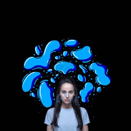 Photo for Young girl crying, suffering from depression, sadness loneliness. Broken heart. Contemporary art collage. Concept of mental health, psychology, inner world, imagination, surrealism, ad - Royalty Free Image