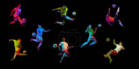 Photo for Collage made with athletic people, men and women, football players training isolated on black background. Concept of professional sport, game, competition, action and motion. Ad. Banner, poster - Royalty Free Image