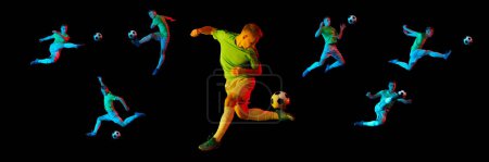 Foto de Collage. Imagen dinámica de chico joven, fútbol, jugador de fútbol en movimiento durante el juego, entrenamiento aislado sobre fondo negro. Concepto de deporte profesional, juego, competición, acción. Anuncio. Banner, cartel - Imagen libre de derechos