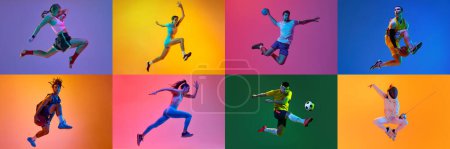 Photo for Collage. Athlete of MMA, fencing, runner, volleyball, basketball, football, tennis players against multicolored background. Concept of professional sport, game, competition. Ad. Banner and poster - Royalty Free Image