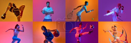Photo for Collage. Sportive young people, men and women training, playing against multicolored background in neon light. Concept of professional sport, game, competition, action and motion. Ad. Banner, poster - Royalty Free Image