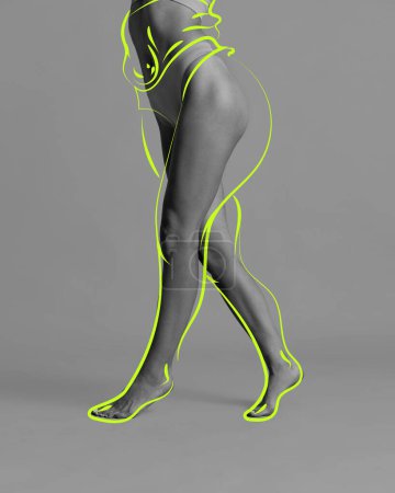 Téléchargez les photos : Image recadrée de jambes minces féminines avec lignes fluo overlines symbolisant la perte de poids et la forme mince. Concept de perte de poids, soins du corps, fitness, beauté, régime alimentaire, santé, bien-être. Publicité. - en image libre de droit