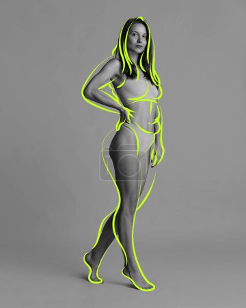 Photo for Tender young woman with fit, slim body shape in lingerie. Neon doodles over body. Conceptual image. Concept of weight loss, body care, fitness, beauty, diet, health, wellness. Ad. - Royalty Free Image