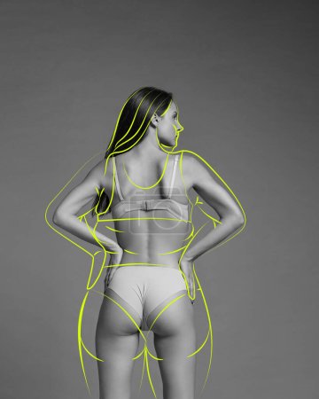 Junge Frau mit schlankem Körper in Unterwäsche. Linienkunst, Kritzeleien über den Körper, die das Abnehmen symbolisieren. Rückansicht. Konzept der Gewichtsabnahme, Körperpflege, Fitness, Schönheit, Ernährung, Gesundheit, Wellness. Anzeige.