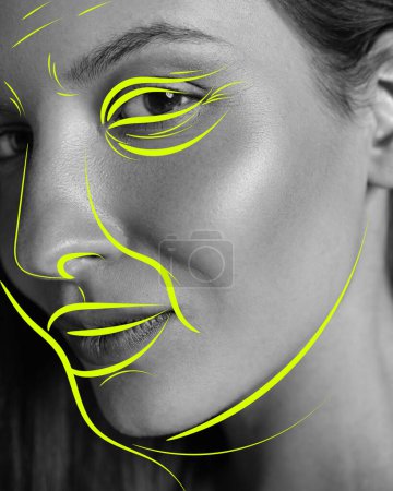 Photo for Close-up of female face with bright lines, doodles. Black and white image. Cosmetology and plastic surgery. Concept of weight loss, body care, fitness, beauty, diet, health, wellness. Ad. - Royalty Free Image
