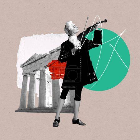 Photo for Elegant male model as historical character, great music composer playing violin. Classical music. Contemporary art collage. Retro style, fashion, art, comparison of eras concept. Ad - Royalty Free Image