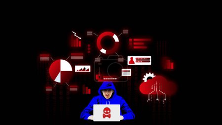 Foto de Hacker. Joven en oodie usando laptop, trabajando con el sistema de seguridad cibernética. collage de arte contemporáneo. Concepto de negocio, oficina, TI, tecnología moderna, innovación, ciberespacio, anuncio - Imagen libre de derechos