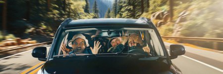 Photo for Group of men sitting in car going on vacation together and having road accident. Feeling shocked and scared. Emotionally shouting. Concept of travel, human emotions, lifestyle, road trip - Royalty Free Image