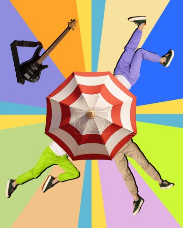 Photo for Male legs in casual pants and sneakers under umbrella. Electric guitar. Music as hobby, leisure and fun. Creative collage. Concept of creativity, abstract art, pop art, Copy space for ad, text - Royalty Free Image