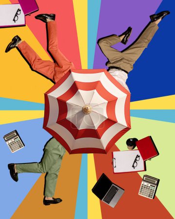 Foto de Patas masculinas bajo paraguas sobre fondo multicolor. Empresario con suministros de oficina. collage creativo. Negocios, creatividad, arte abstracto, concepto de arte pop. Copiar espacio para anuncios, texto - Imagen libre de derechos