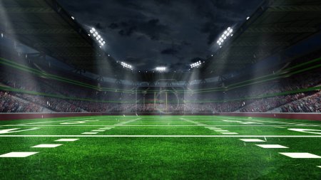 Photo for American football arena with yellow goal post, grass field and blurred fans at playground view. 3D render. Flashlights. Concept of outdoot sport, football, championship, match, game space - Royalty Free Image