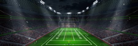 American football stadium with yellow goal post, grass field and blurred fans at playground view cheering up. 3D render. Concept of outdoot sport, activity, football, championship, match, game space