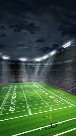 American football arena, stadium with yellow gates and green grass. FUll audience of sports fans ready to cheer up team. 3D render. Concept of sport, activity, football, championship, match, game