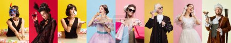 Photo for Beautiful royal people, queens, prince and princess in vintage dresses on multicolored background. Modern life. Concept of comparison of eras, artwork, renaissance, baroque style. Creative collage. - Royalty Free Image