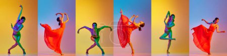 Photo for Collage. Elegant beautiful woman dancing in underwear and rd dress over colorful backgrounds in neon light. Concept of art, choreography, creativity, hobby, movements. Banner, flyer, ad - Royalty Free Image