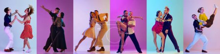 Collage. Young people, man and woman in stylish retro clothes dancing swing, tango, lindy hop on multicolored background in neon. Concept of art, choreography, creativity, movements. Banner, flyer, ad