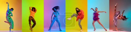 Photo for Collage. Artistic, talented young women, dancers making creative dance performance against multicolor background in neon light. Concept of art, choreography, creativity, movements. Banner, flyer, ad - Royalty Free Image