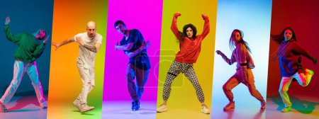 Téléchargez les photos : Danse de rue. Collage avec des hommes et des femmes dansant breakdance sur fond multicolore au néon. Concept d'art, chorégraphie, créativité, passe-temps, mouvements. Bannière, flyer, annonce - en image libre de droit