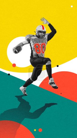 Téléchargez les photos : Joueur de football américain concentré en mouvement, courir avec le ballon. Design coloré. Collage d'art contemporain. Concept de sport professionnel, créativité, mode de vie sain et actif. Bannière, flyer, annonce - en image libre de droit