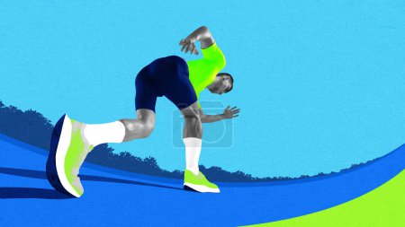 Photo for Bottom view of man, athlete in motion, running, preparing for competition. Contemporary art collage. Concept of professional sport, creativity, healthy and active lifestyle. Banner, flyer, ad - Royalty Free Image
