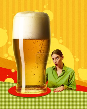 Photo for Emotional young woman looking at grain lager foamy beer glass. Bright design. Contemporary art collage. Concept of traditional festival, alcohol drink, oktoberfest, party and taste. Banner, poster, ad - Royalty Free Image