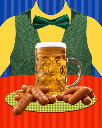 Photo for Gentleman club. Mug of lager foamy beer and grilled sausages as appetizers. Contemporary art collage. Concept of traditional festival, alcohol drink, oktoberfest, party and taste. Banner, poster, ad - Royalty Free Image
