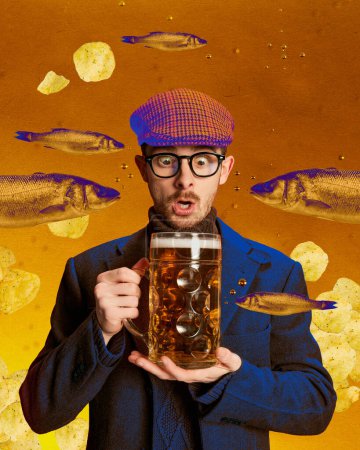 Photo for Gentleman looking at giant glass with lager beer. Fish and chips as appetizers. Contemporary art collage. Traditional festival, alcohol drink, oktoberfest, party and taste concept. Banner, poster, ad - Royalty Free Image