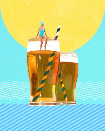 Photo for Woman in swimsuit sitting on lager foamy beer, diving into traditional taste. Contemporary art collage. Concept of traditional festival, alcohol drink, oktoberfest, party and taste. Banner, poster, ad - Royalty Free Image
