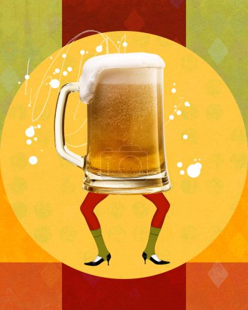 Photo for Legs with mug of foamy lager beer over colorful background. Dance and leisure. Contemporary artwork. Concept of traditional festival, alcohol drink, oktoberfest, party and taste. Banner, poster, ad - Royalty Free Image