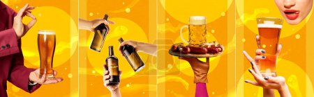 Foto de Gafas con deliciosa cerveza espumosa lager sobre fondo amarillo brillante. collage de arte contemporáneo. Concepto de fiesta tradicional, bebida alcohólica, oktoberfest, fiesta y sabor. Banner, cartel, anuncio - Imagen libre de derechos