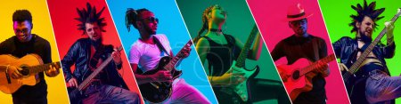 Photo for Collage. Talented and artistic young people, men and women playing guitar over multicolored background in neon. Concept of music, hobby, festival, concert, fashion, art, performance - Royalty Free Image