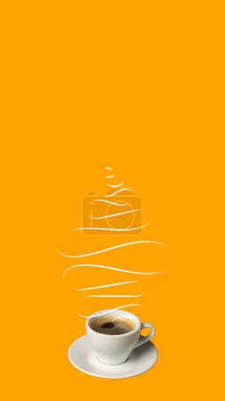 Foto de Copa con delicioso, aromático, café negro, americano aislado sobre fondo naranja. Volador. Bebida caliente. Concepto de bebida popular, sabor. Diseño mínimo. Copia espacio para el anuncio. Volante - Imagen libre de derechos