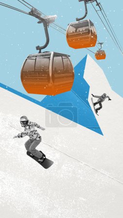 Foto de Joven y mujer, amantes del deporte activo, snowboard en las colinas en las montañas. collage de arte contemporáneo. Concepto de temporada de invierno, deporte, vacaciones, felicidad, alegría y diversión, vacaciones. Póster, anuncio - Imagen libre de derechos