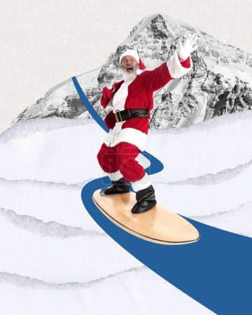 Téléchargez les photos : Senior, père Noël glissant en snowboard sur un sentier enneigé en montagne. Collage d'art contemporain. Concept de saison d'hiver, vacances, bonheur, joie et plaisir, vacances. Affiche, annonce - en image libre de droit