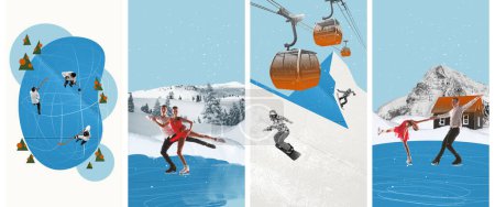 Photo for Young people doing different winter sports, training, playing. Active hobby. Contemporary art collage. Concept of winter season, holiday and happiness, joy and fun, vacation. Poster, ad. Banner - Royalty Free Image