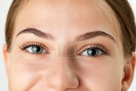 Photo for Close-up of female face, brows, eyes and nose isolated on white background. Lash lamination, brow care. Concept of natural beauty, cosmetology and cosmetics, skin care, spa. Ad - Royalty Free Image