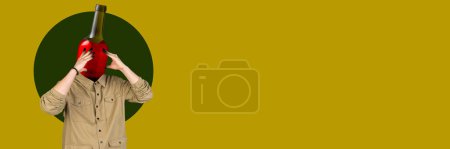 Photo for Conceptual design. Man headed with alcohol bottle over yellow background. Illness and alcoholism. Concept of addiction, male alcoholism, medical treatment, healthcare, surrealism. Banner - Royalty Free Image