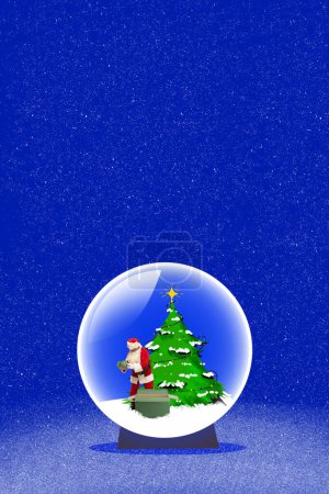 Foto de Papá Noel poniendo regalos bajo el árbol de navidad. Diseño de bola de nieve. Regalos y alegría. collage de arte contemporáneo. Concepto de Navidad, vacaciones de invierno, creatividad, felicidad, inspiración. Póster, anuncio - Imagen libre de derechos