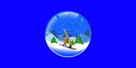Foto de Chica joven, amante del deporte activo montar en snowboard alrededor de montañas nevadas sobre fondo rojo. collage de arte contemporáneo. Concepto de Navidad, vacaciones de invierno, creatividad, felicidad. Póster, anuncio - Imagen libre de derechos