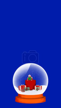 Photo for Senior man peeking out of present box over blue background. Holiday preparation. Contemporary art collage. Concept of Christmas, winter holidays, creativity, happiness, inspiration. Poster, ad - Royalty Free Image