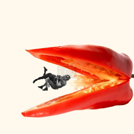 Photo for Competitive men, american football players in motion falling into red pepper. Contemporary art collage. Concept of food and sport, surrealism, nutrition and diet, health. Creative design - Royalty Free Image