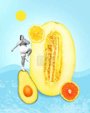 Photo for Young woman with overweight training, loosing weight with healthy eating. Contemporary art collage. Concept of food and sport, surrealism, nutrition and diet, health. Creative design - Royalty Free Image