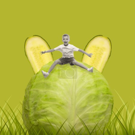 Photo for Little playful boy, child jumping over cabbage, having fun. Vegetable energy. Contemporary art collage. Concept of food and sport, surrealism, nutrition and diet, health. Creative design - Royalty Free Image